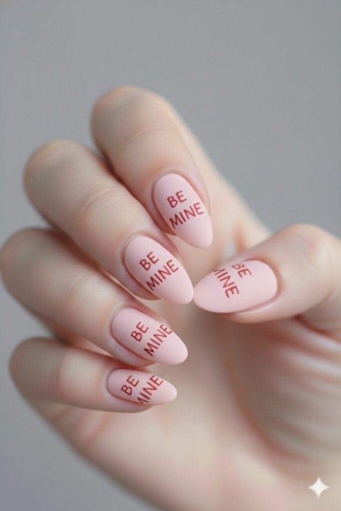 Romantic valentines nails with a baby pink base and red BE MINE text written on them.