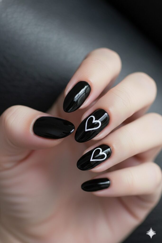 Edgy black valentines nails with a contrasting white heart outline for a modern goth style.