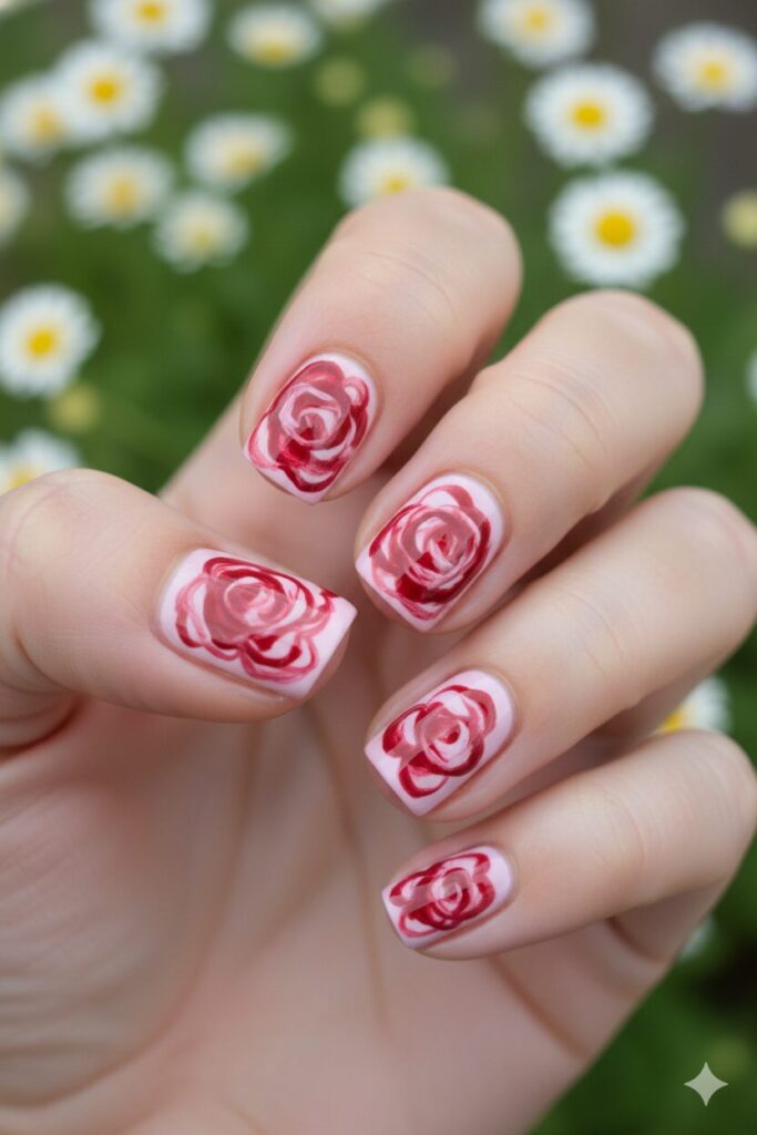 Romantic rose valentines nails created by swirling polish with a bobby pin.
