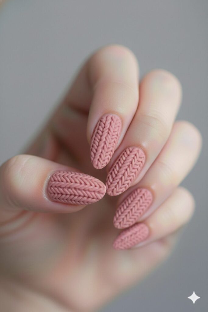 Cozy valentines nails with 3D textured lines resembling a pink knitted sweater.