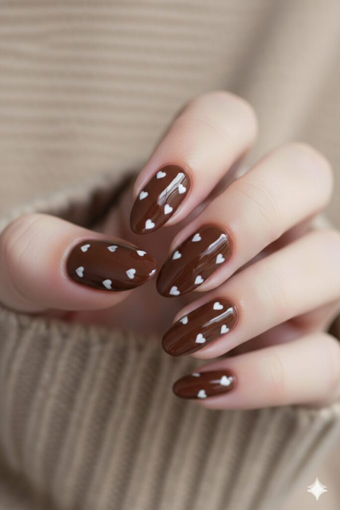 Chocolate brown valentines nails featuring delicate small white hearts for a cozy aesthetic.