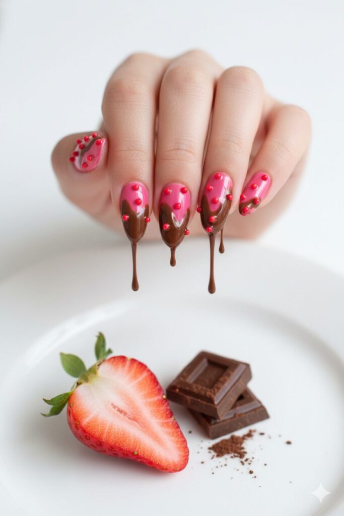 Playful valentines nails with thick brown polish dripping down like melting chocolate.
