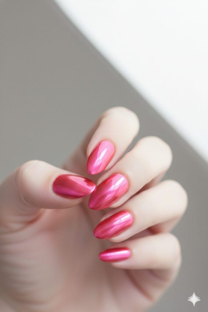 Trendy pink chrome valentines nails with a metallic mirror effect reflecting light.