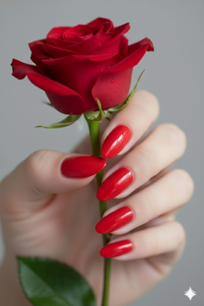Classic bright red valentines nails with a high-gloss finish held against a red rose background.