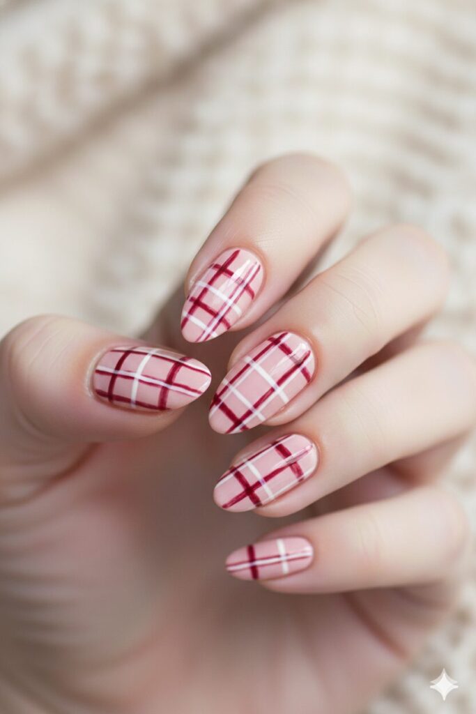Cozy plaid valentines nails with crisscross lines in pink, white, and berry red colors.