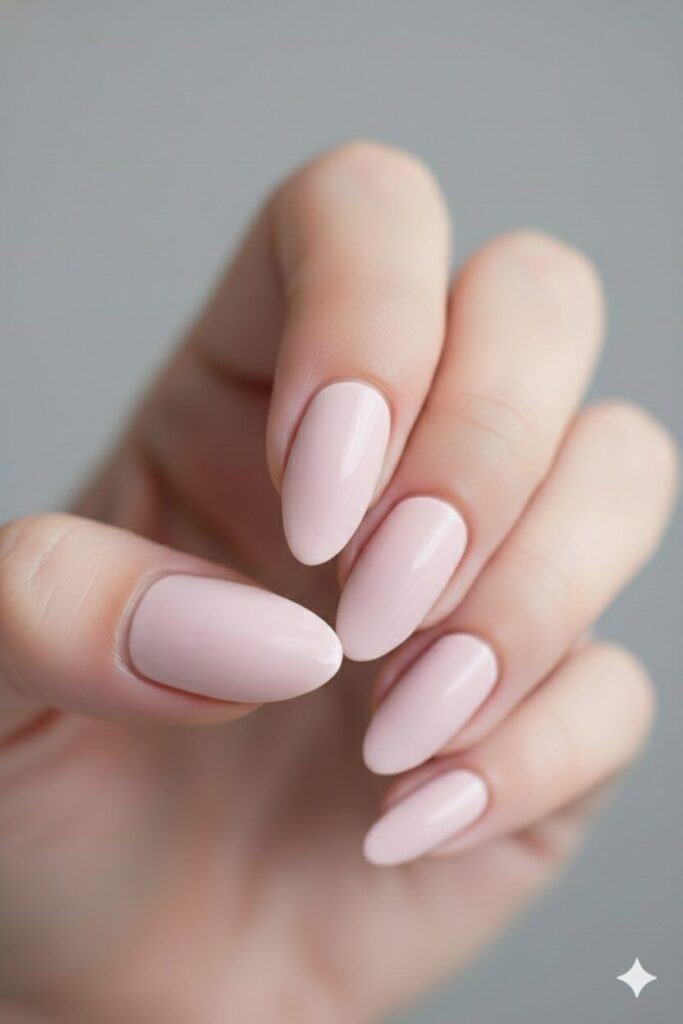 Opaque creamy pale pink nails resembling strawberry milk for a sweet look.