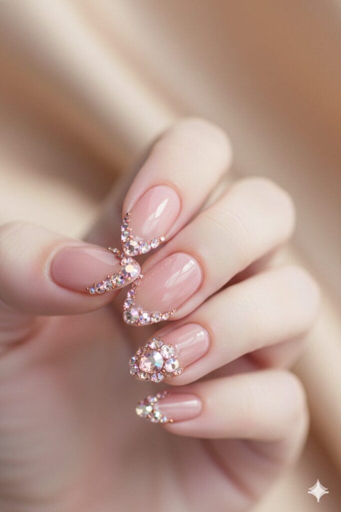 Luxurious pink valentines nails adorned with sparkling 3D rhinestones and crystals at the base.