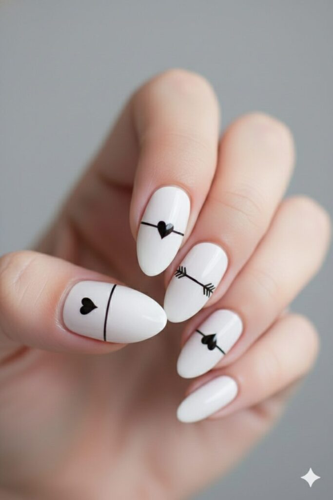 Playful valentines nails with a cupid arrow design drawn across a white background.