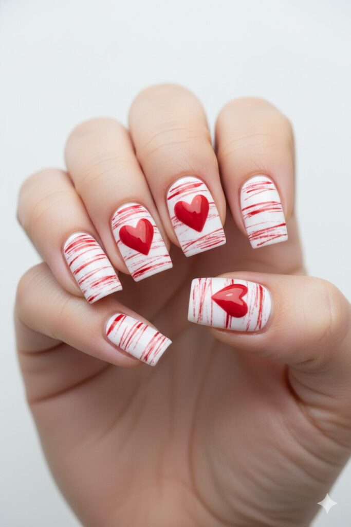 Textured valentines nails with scratchy red lines and a solid heart center.