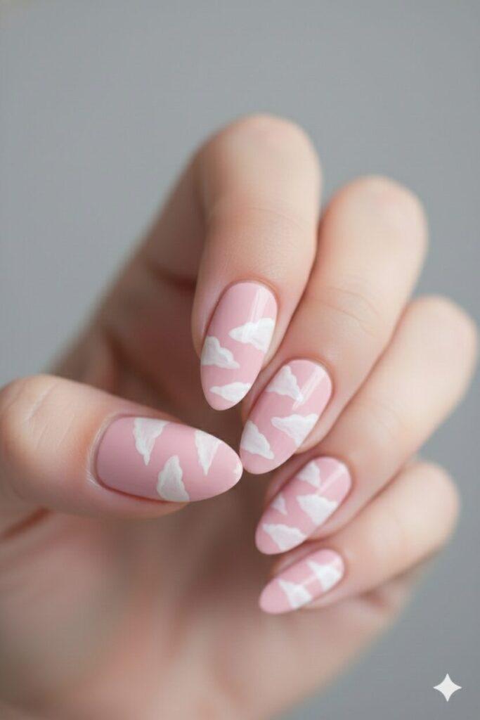 Dreamy pink nails with simple fluffy white clouds painted on them.
Red "Stitch" Lines