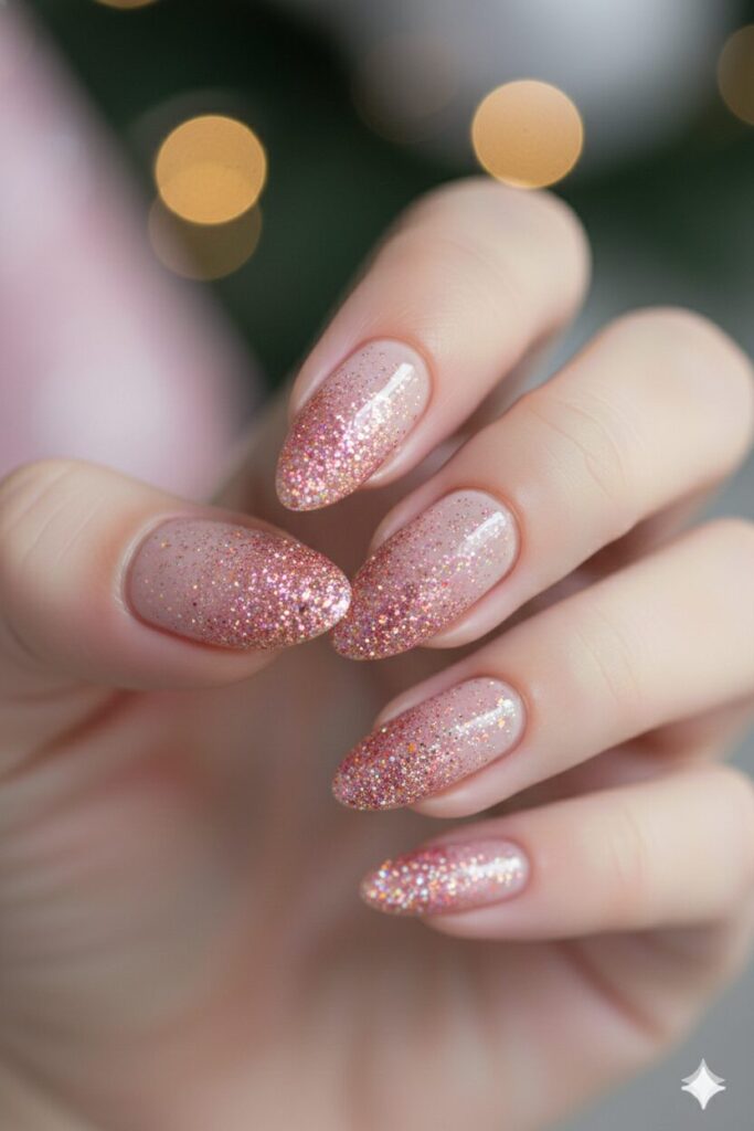 Glitter ombre valentines nails fading from clear to heavy pink and gold sparkles at the tips.