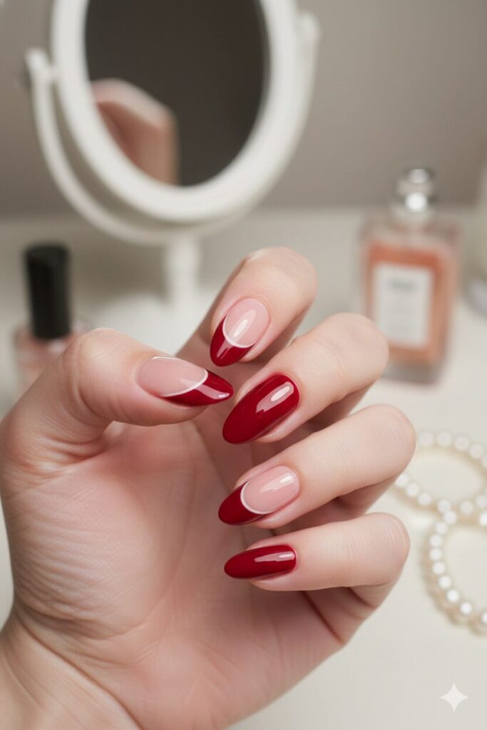 Vintage red half-moon valentines nails created using paper reinforcement stickers.