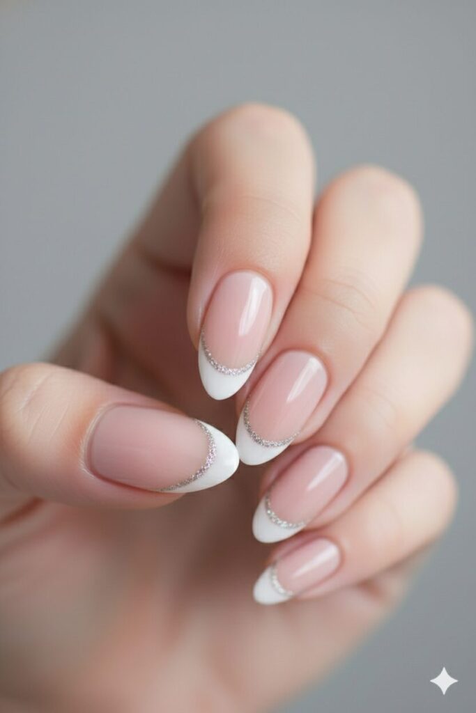 Subtle invisible French manicure with a very thin fine glitter line at the tip.
Cupid’s Arrow