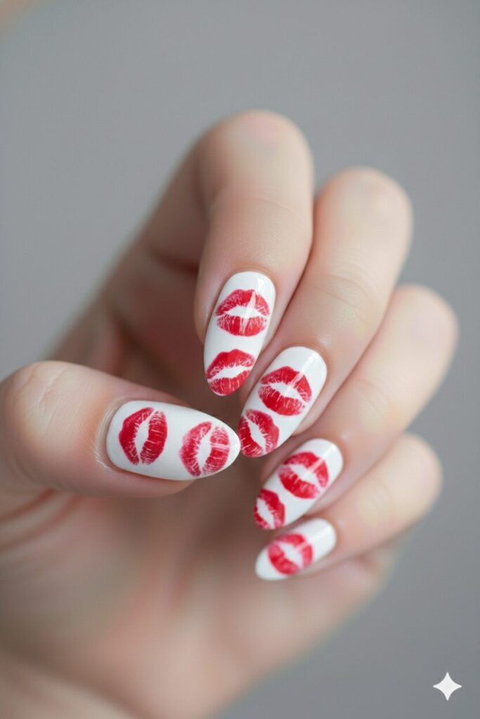 Flirty valentines nails with a white base and red lipstick kiss mark designs.
Pink and Red Animal Print