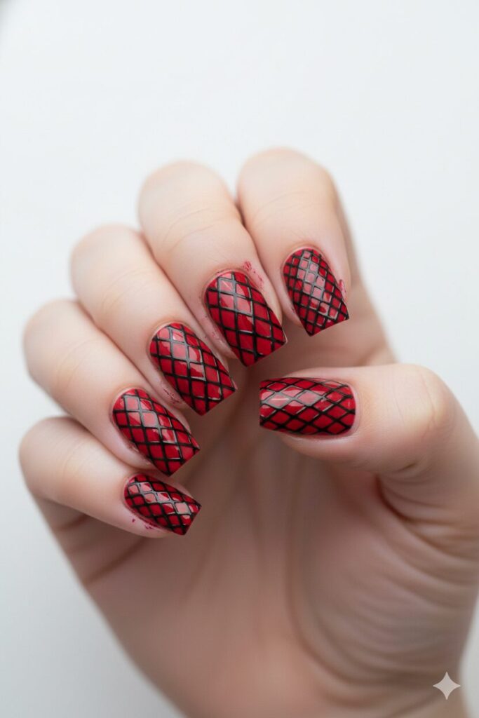 Sexy fishnet pattern valentines nails created by sponging over a loofah mesh.