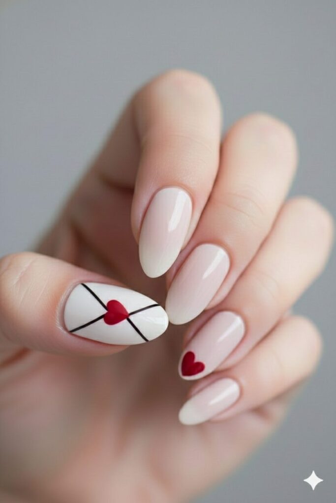 Cute accent nail painted to look like a sealed love letter envelope with a heart.