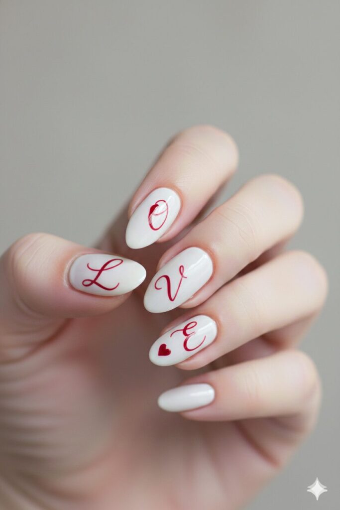 Milky white valentines nails with the word LOVE written in thin red cursive script.
