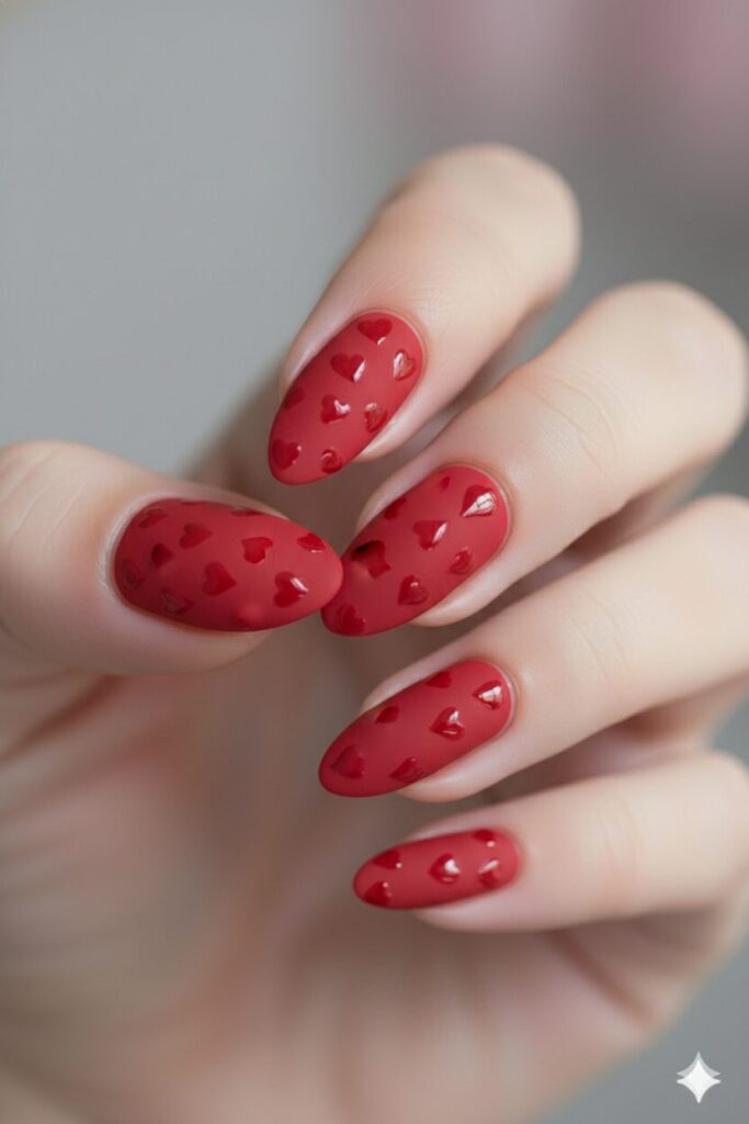 Matte red valentines nails with glossy red heart patterns creating a velvet texture contrast.