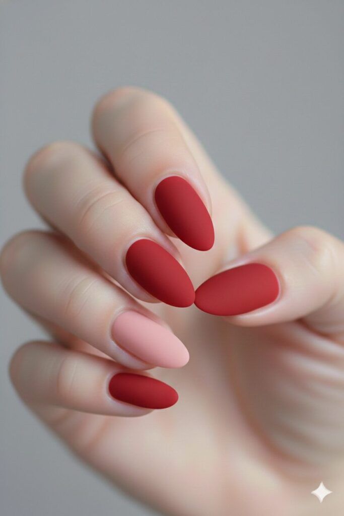 Sophisticated matte valentines nails in alternating red and pink colors with a velvet finish.