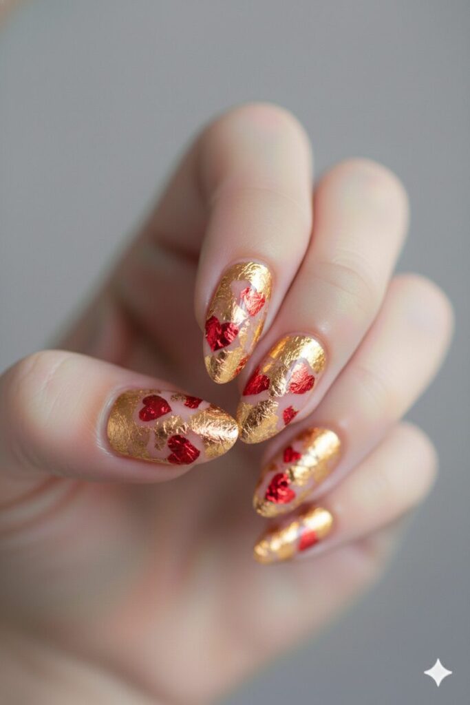 Glamorous valentines nails with a pink base and irregular gold and red metallic foil hearts.