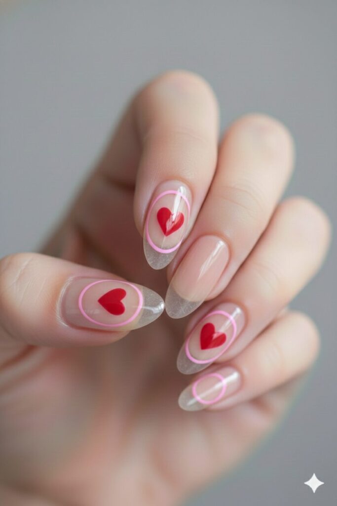 Minimalist valentines nails with a clear base and a single red heart outlined in pink.