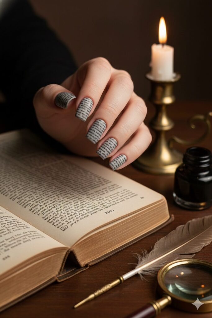Vintage newsprint valentines nails created by transferring newspaper text with alcohol.