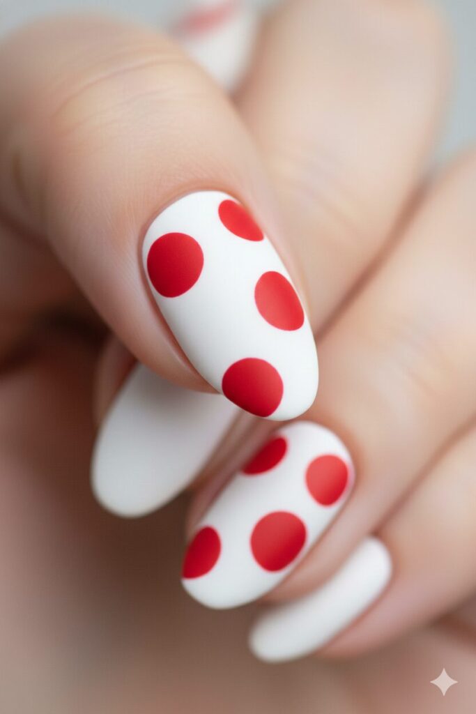 Bold valentines nails with large red circles stamped using a pencil eraser.
The "Galaxy" Love