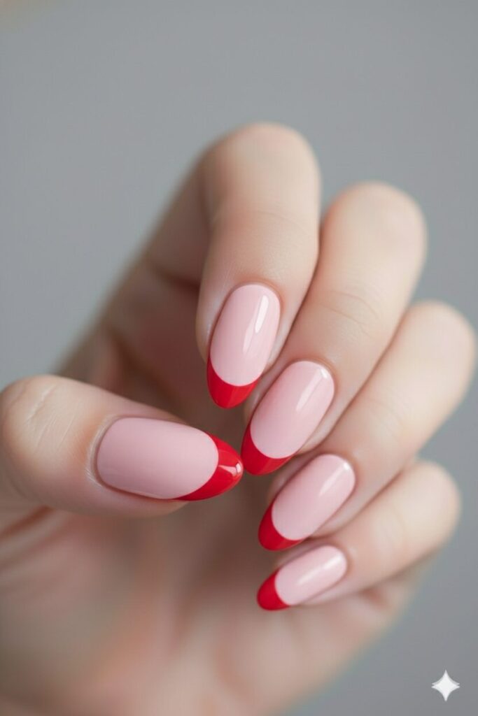 Elegant valentines nails featuring a pale pink base with bright cherry red French tips.