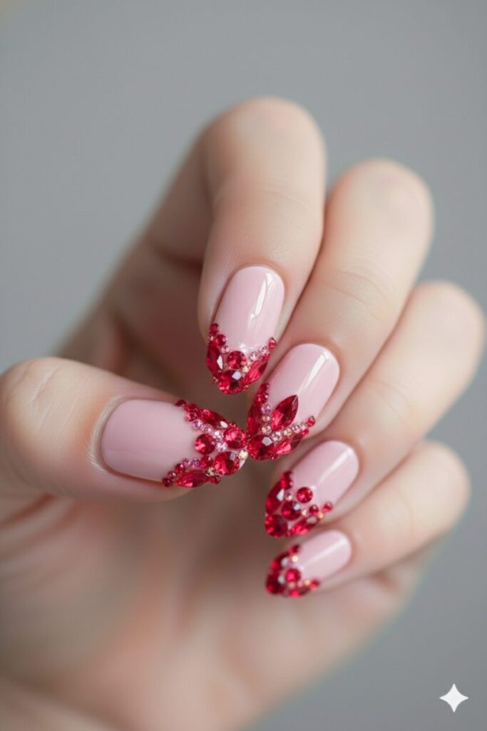 Luxury valentines nails with a soft pink base and bright red gemstones at the cuticle.