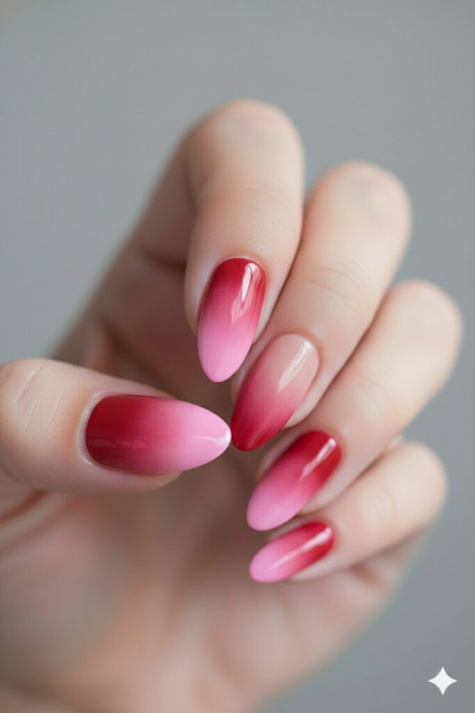 Trendy aura valentines nails with a red center fading softly into a glowing pink edge.