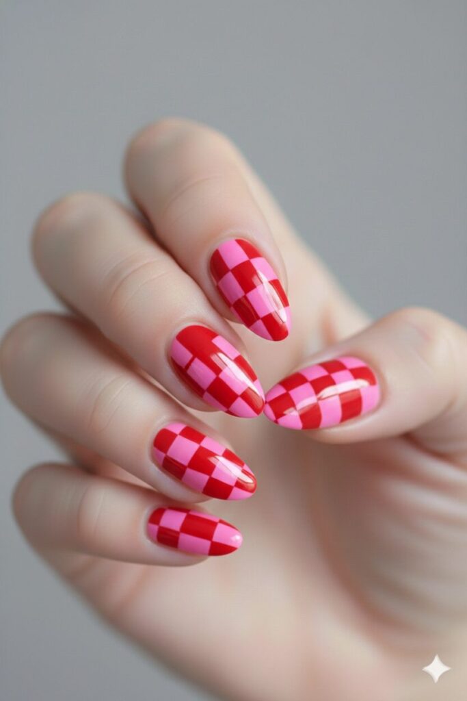 Funky valentines nails with a pink and red checkerboard pattern for a trendy look.