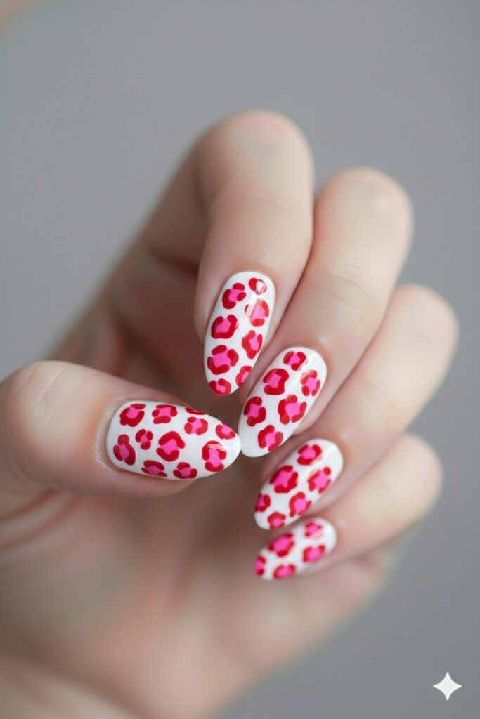 Fierce valentines nails featuring leopard spots drawn in red and filled with pink.