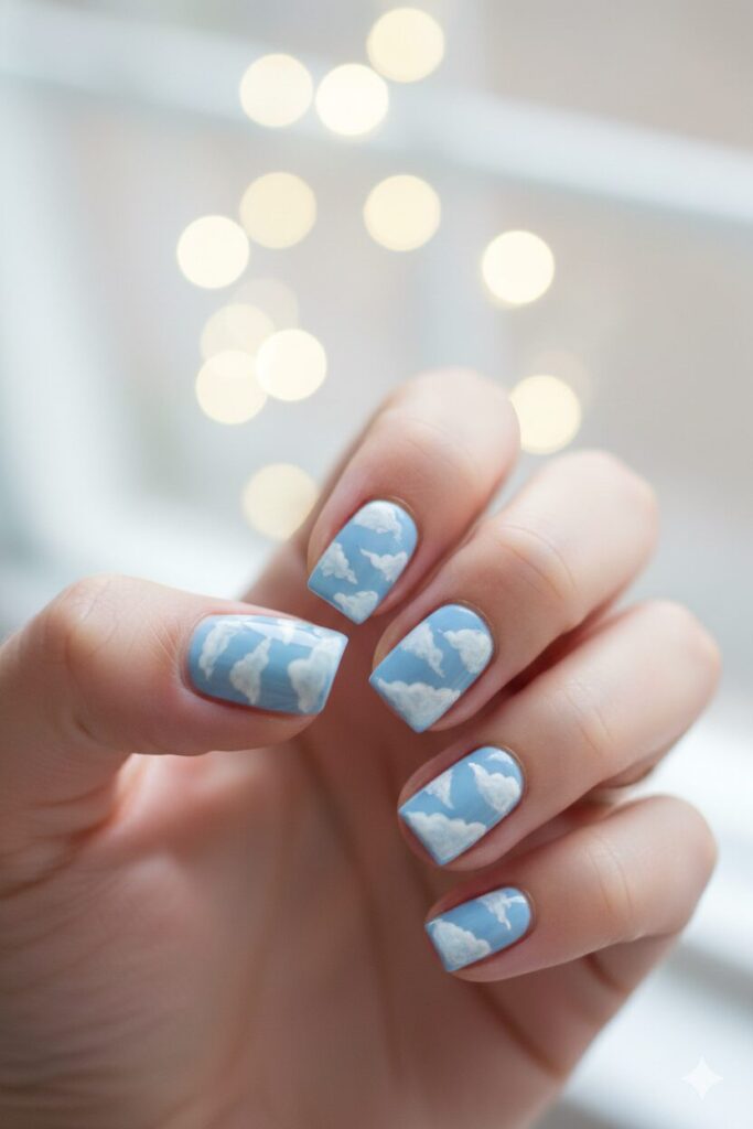 Fluffy white cloud valentines nails created by dabbing with a cotton Q-tip.