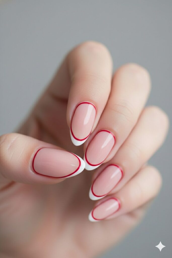 Edgy negative space nails with a thin bright red line tracing the nail border.
Milky Bath Flowers