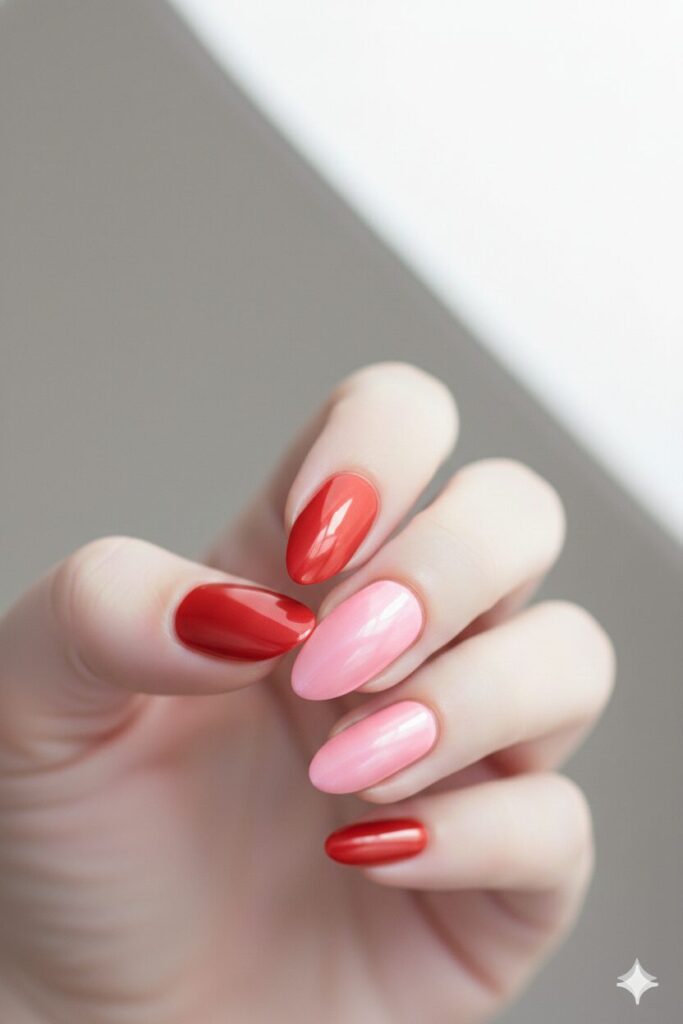 Mix and match valentines nails with different shades of red and pink on each finger.