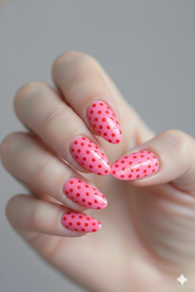 Vintage style valentines nails with a bubblegum pink base and small red polka dots.