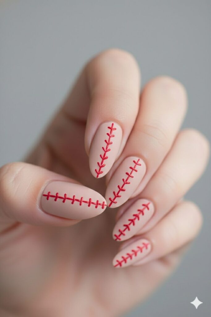 Cozy nude nails with red dashed lines looking like sewing stitches or embroidery.