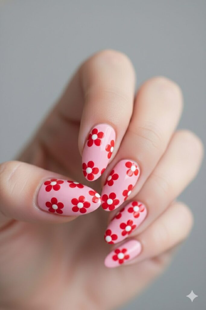 Cheerful pink nails with simple daisy flowers created using red and white dots.