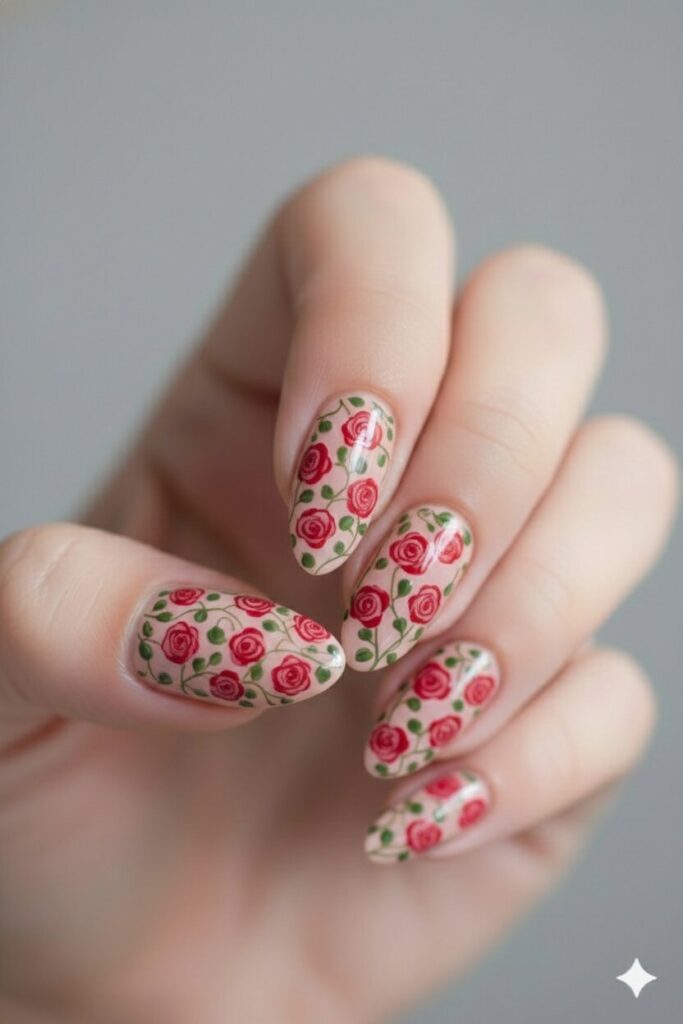 Traditional valentines nails with a pink background and painted swirly red rose flowers.