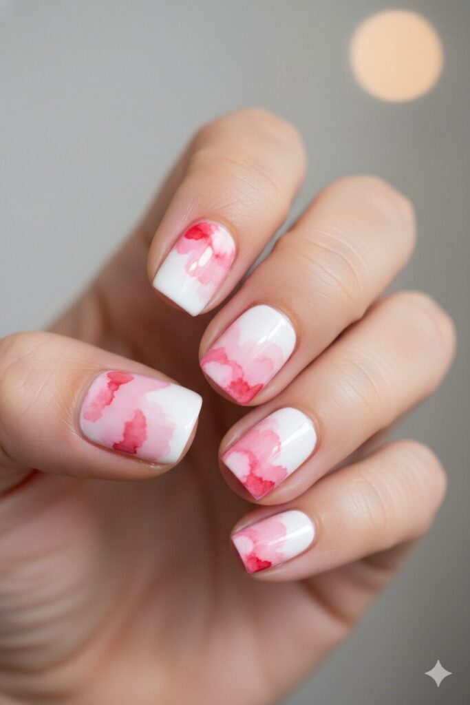 Dreamy watercolor valentines nails created by melting sharpie ink with alcohol.
