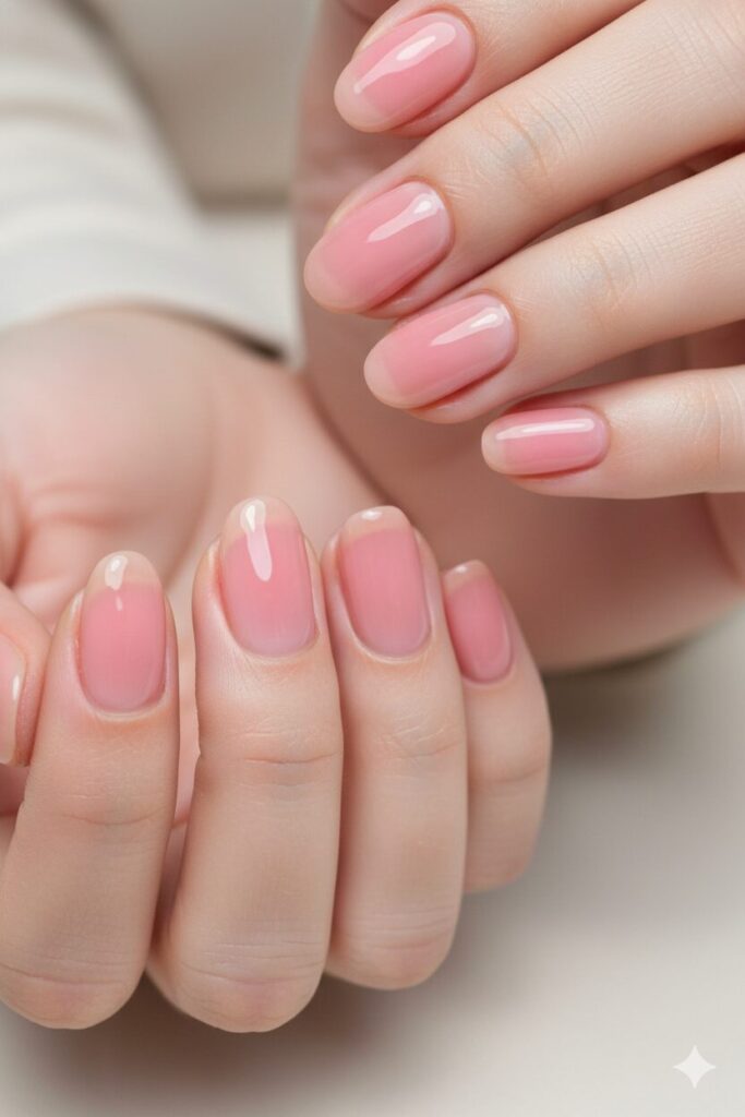 Trendy lip gloss nails with sheer jelly pink polish for a clean and shiny look.
Single Pearl Center