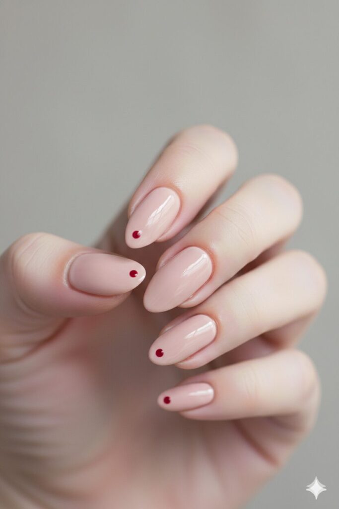 Simple beige valentines nails with a single small red dot at the base for a minimalist look.