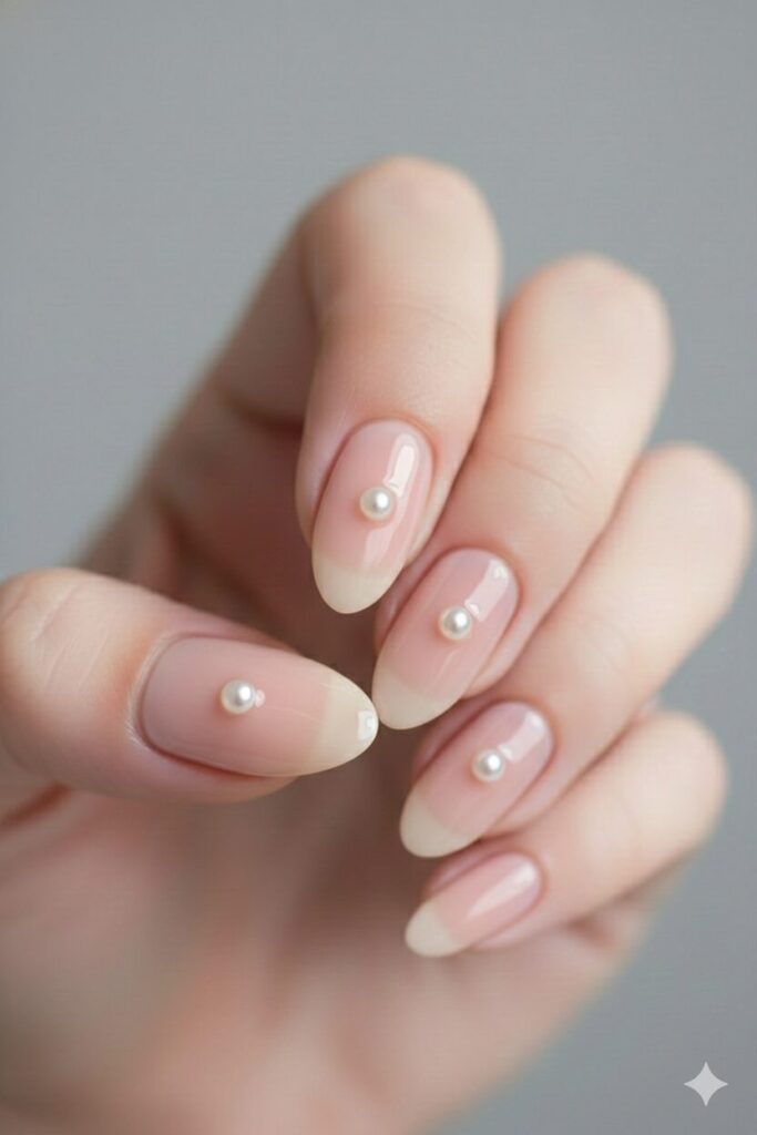 Minimalist valentines nails with a sheer base and one pearl glued in the center.