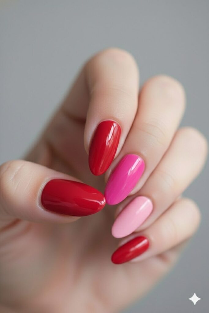 Colorful valentines nails with each finger painted a different shade from dark red to blush pink.