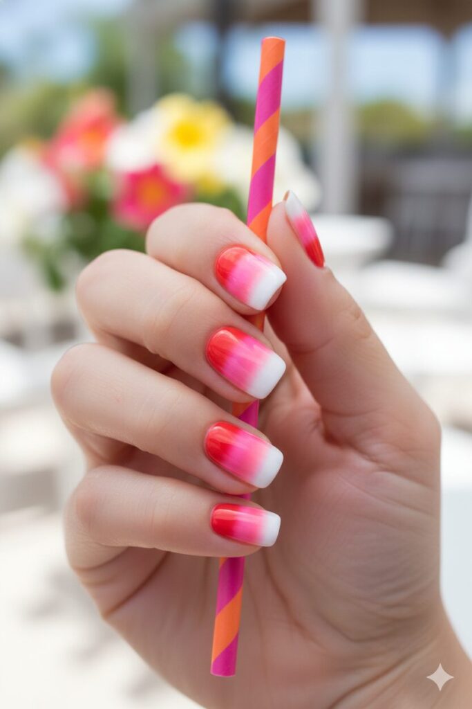 Colorful tie-dye valentines nails created by stamping a sponge with red and pink stripes.