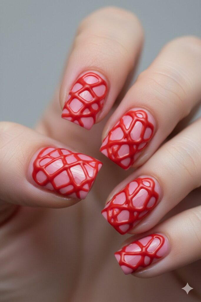 Textured 3D valentines nails with messy strings of red polish looking like spun sugar.