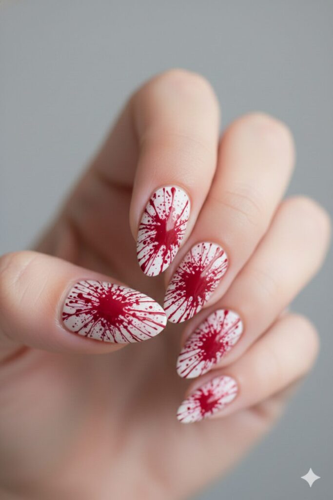 Messy artistic valentines nails with red paint splatters blown through a straw.