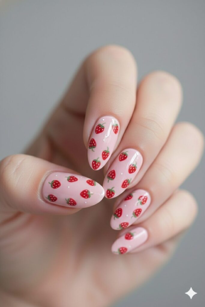 Cute cottage-core valentines nails with a pink base and tiny painted red strawberries.