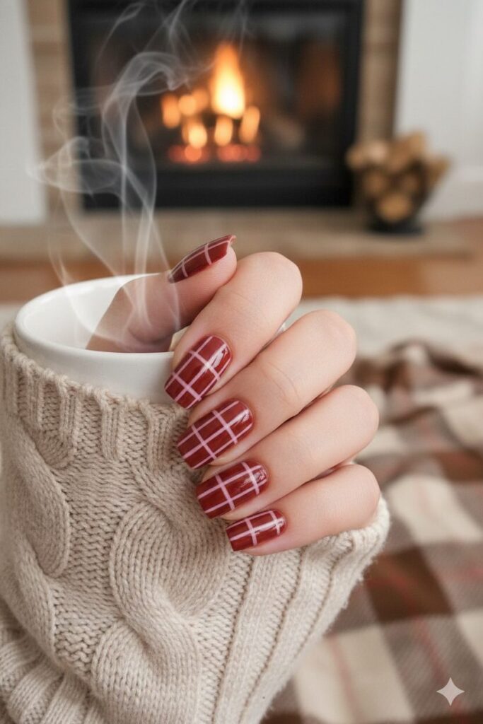Cozy plaid valentines nails with crisp thin lines created using metallic striping tape.