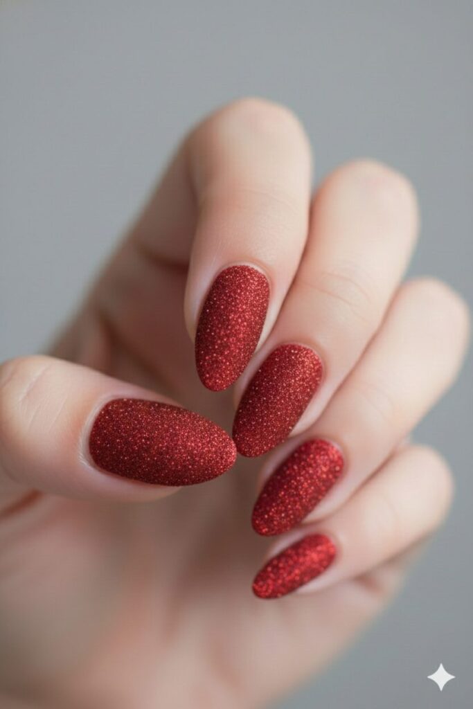 Textured valentines nails covered in fine red glitter powder for a sugary effect.